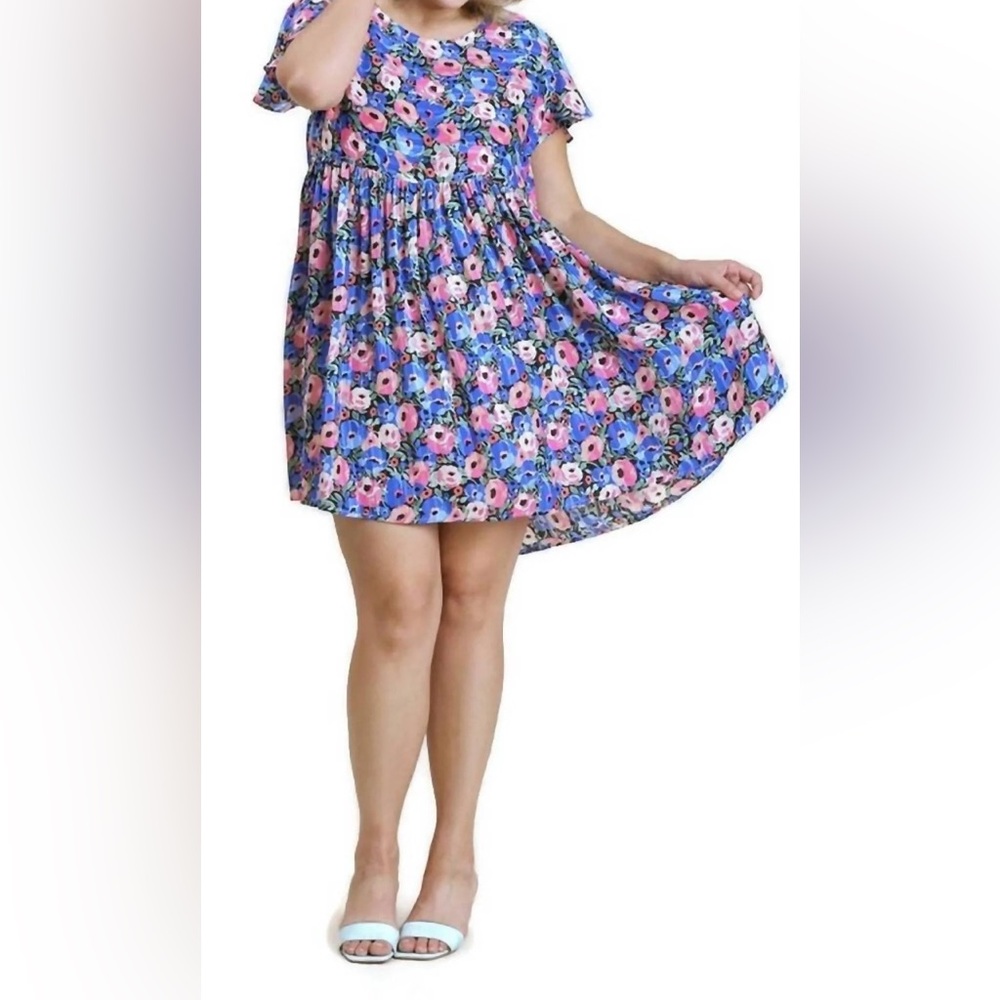 Umgee Blue Pink Floral Metallic Flutter Sleeve Pleated Mini Babydoll Dress